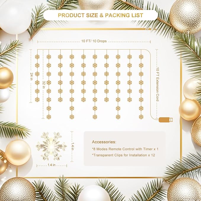 Snowflake Curtain Lights, Warm White Window Lights 70 Snowflakes Hanging Light with Remote Fairy Led Twinkle String Lights Home Bedroom Wall Décor for Christmas, Wedding, Party, Birthday