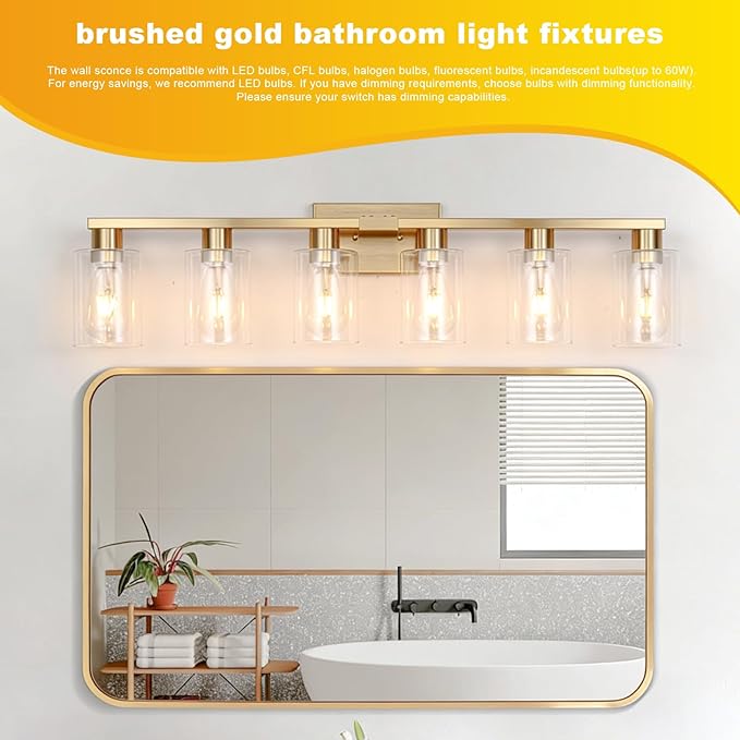 6 Light Bathroom Vanity Light Brushed Gold , Gold Bathroom Light Fixtures for Bathrrom Large Wall Sconce with Clear Glass Shade Rust and Moisture Prevention Easy to Install Vanity Lights over Mirror