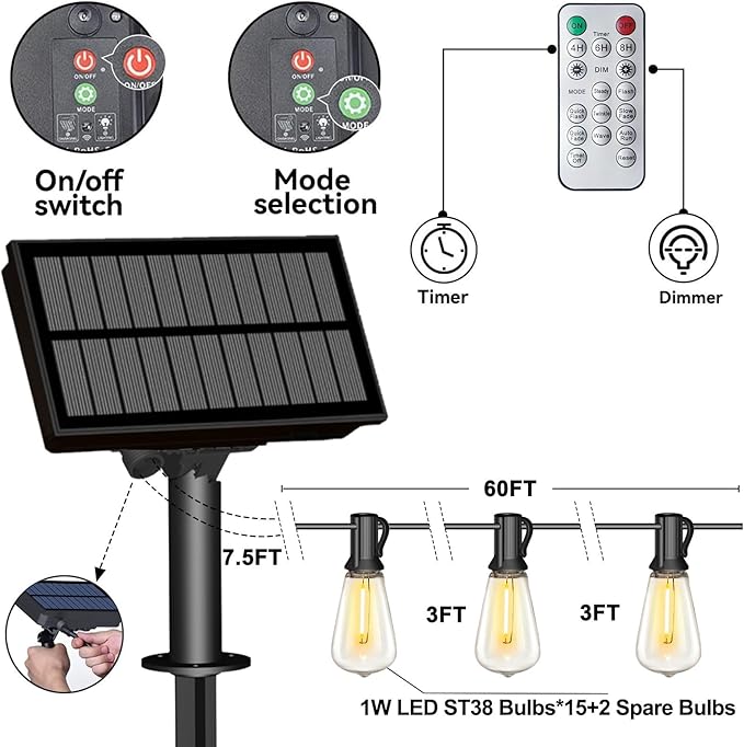 Stright 60FT Solar String Lights Outdoor Weatherproof with Remote, Solar Powered LED Edison Bulb 15 Sockets Outdoor String Lights for Outside Patio Backyard Fence Halloween Christmas Decorations