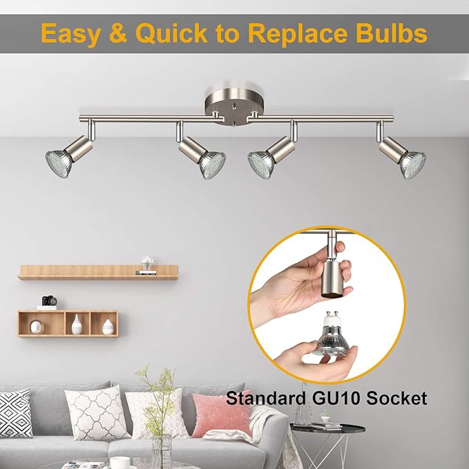 Ascher 4-Light LED Track Lighting Kit, Flexibly Rotatable Light Heads, 4 Way Ceiling Spotlight Matt Nickel Finish, Including 4 GU10 LED Bulbs (4W 400LM Daylight White 5000K)