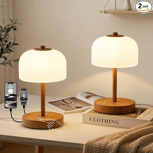 Oneach 9" Touch Control Table Lamp Set of 2, Wood Grain Dimmable LED Bedside Lamp with 3 Color Temperatures, USB A+C, Small Modern Table Lamps for Bedroom Nightstand Living Room