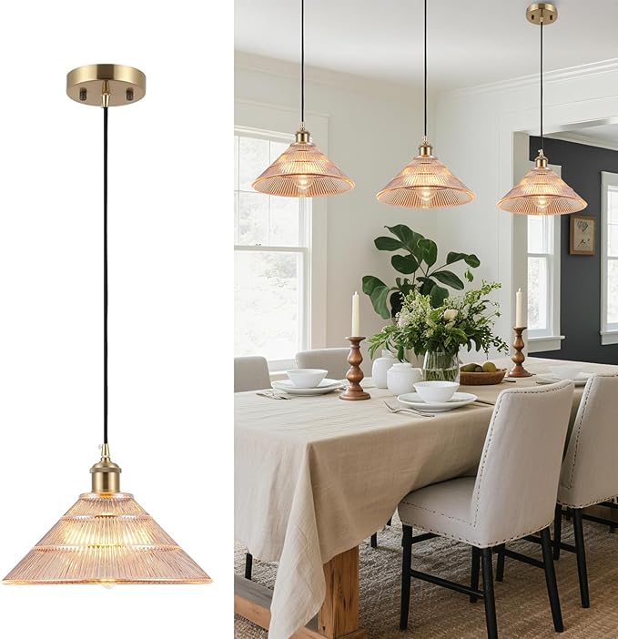 Modern Kitchen Island Pendant Light 11.81 Inches Amber Striped Glass Shades Brushed Brass Gold Large Hanging Lamp Dining Room Farmhouse Adjustable Ceiling Hanging Light Fixture Bedroom Hallway