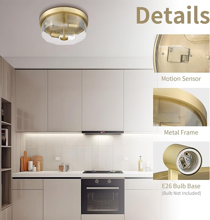 Motion Sensor Ceiling Light Indoor, 2-Light Hallway Lighting Fixtures with Motion Sensor Flush Mount, Modern Farmhouse Ceiling Lamp Clear Glass for Kitchen Porch Entryway Brushed Gold