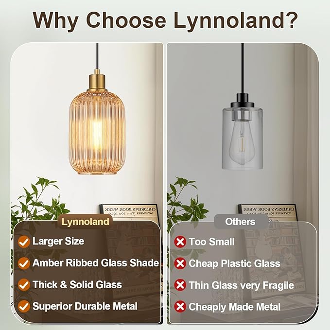 1 Pack Pendant Lights with Vintage Amber Ribbed Glass Lampshade, Adjustable Brushed Gold Pendant Lights Fixtures for Kitchen Island Lighting Sink, Dining & Living Room Hallway (Bulbs Not Included)