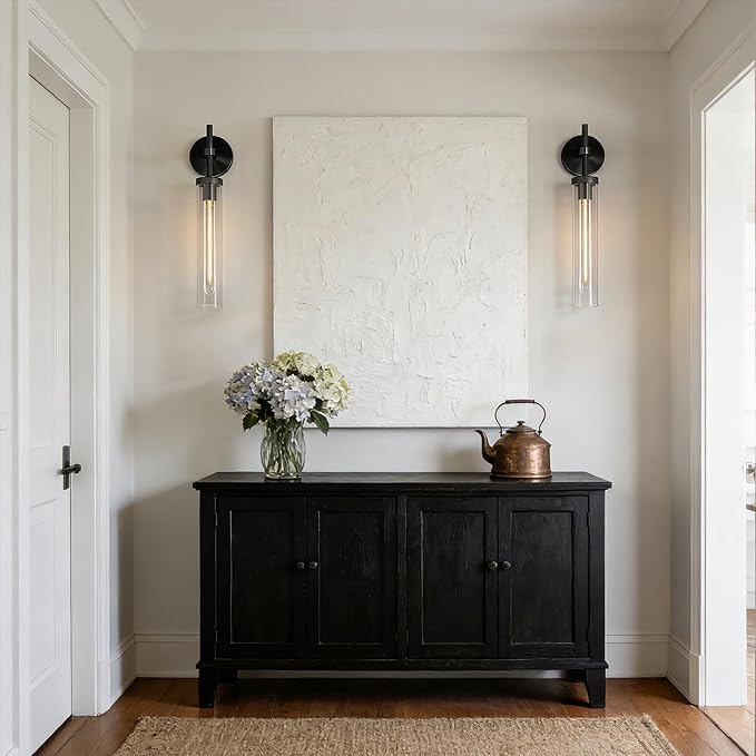 Black Wall Sconces Set of Two, 19" Knurled Black Sconces Wall Lighting, Tube Glass Bathroom Sconces Wall Lights for Bedroom Living Room Vanity Sconce Wall Lamp for Hallway, Staircase