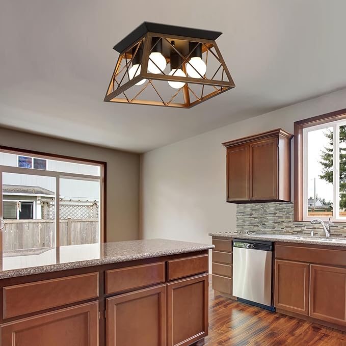 Q&S Semi Flush Mount Vintage 4-Light Bronze Farmhouse Ceiling Light Geometric Rustic Island Light Fixtures for Entryway Hallway Dining Room Living Room Bedroom