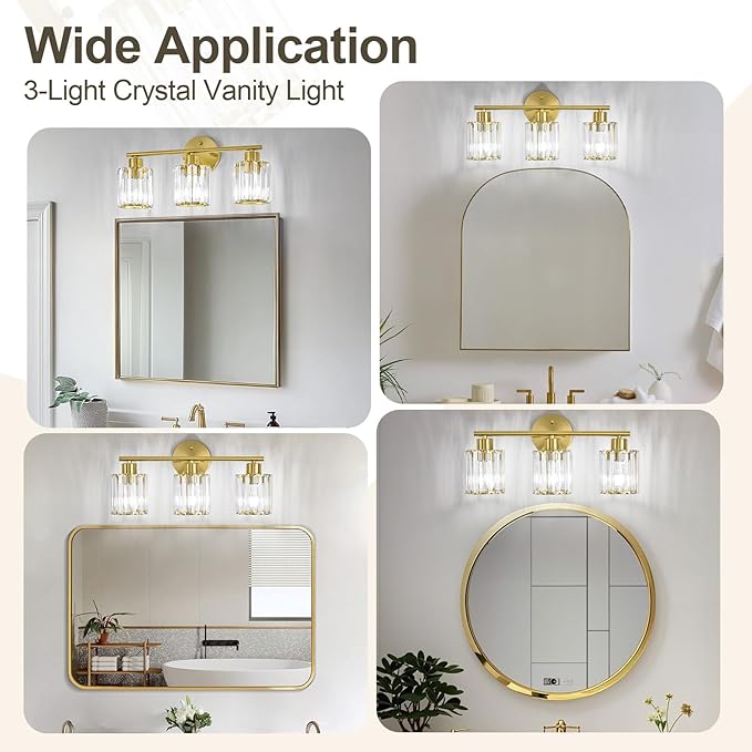Crystal Bathroom Light Fixtures, Bathroom Lighting Fixtures Over Mirror, Modern 3-Light Gold Vanity Lights for Mirror, Restroom, Kitchen(Ceramic E26 Socket,Bulbs Not Include)