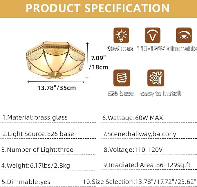 Brass Flush Mount Ceiling Light,3-Lights Dining Room Light Fixture,Frosted Glass Gold Lighting Fixture,Vintage Style Ceiling Lamp for Living Room Bedroom