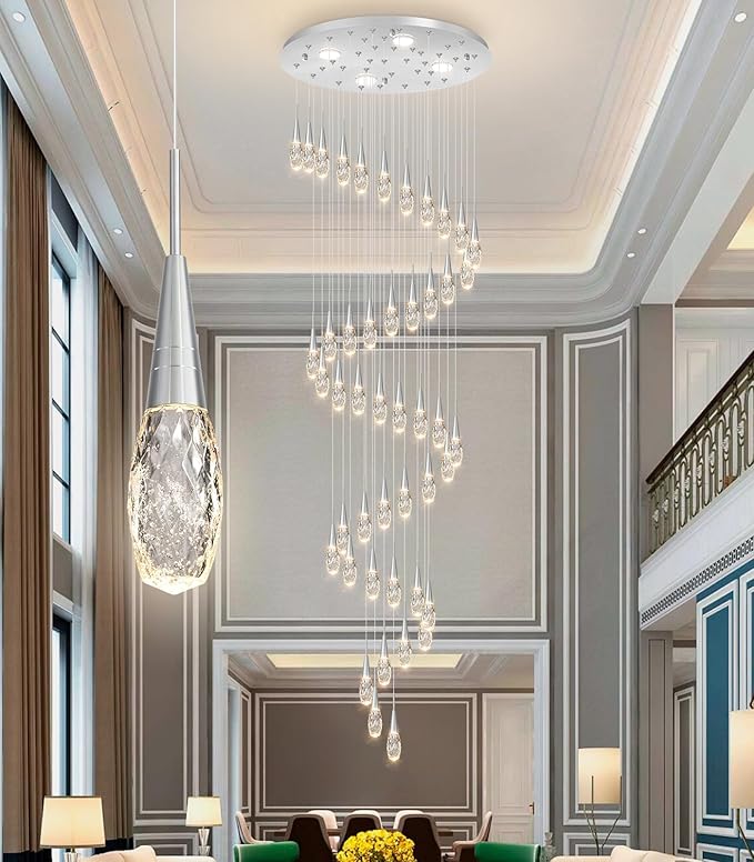 46-Lights 19 Feet Large Modern Chandelier LED Light Fixtures High Ceiling Long Light Chandelier for Entrance Foyer Dimmable Lights with Remote Living Room Ceiling Pendant Lighting Shine Silver