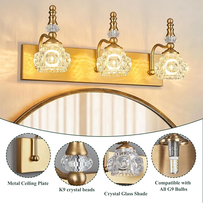 Modern Glass Crystal Vanity Light - Vintage Bathroom Lighting Fixtures Over Mirror, 3 Light Vanity Lights G9 Bulb (19.68 Inch,Brass)