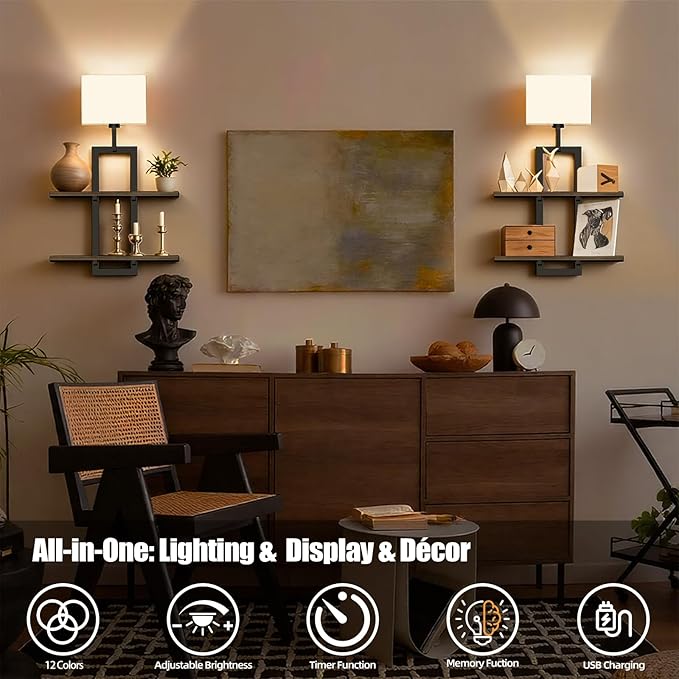 RINBOU Set of 2 Battery Operated Wall Sconce with 2-Tier Shelf, Remote Wireless Rechargeable Dimmable Wall Lights with Floating Shelves, Wall Lamps for Bedroom Living Room Hallway Bathroom Decor