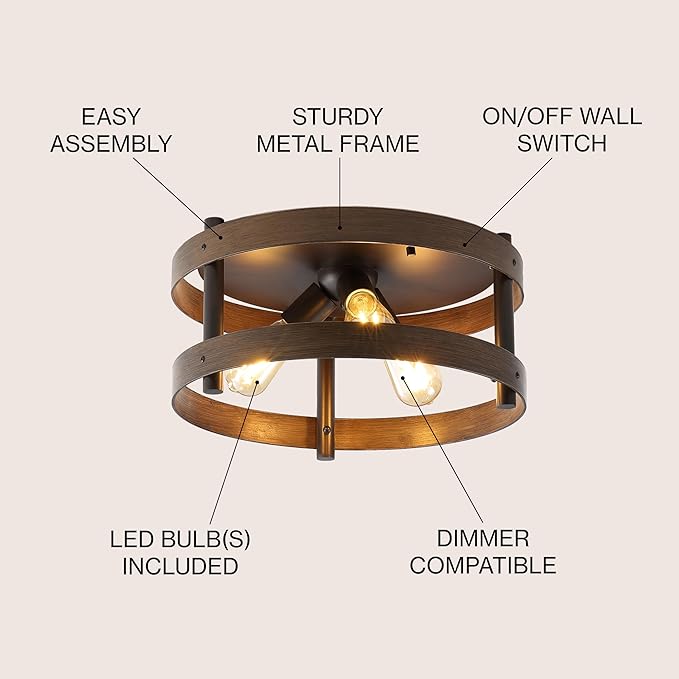 JONATHAN Y 16" Dark Brown Wood and Oil Rubbed Bronze 3-Light Iron Flush Mount, Farmhouse Industrial Round Ceiling Light for Kitchen Bedroom Hallway, LED Bulbs Included JYL1305A