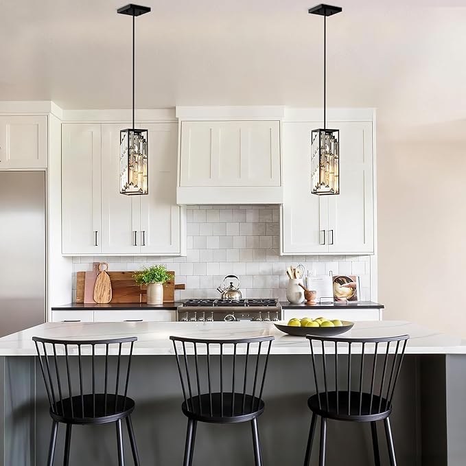 Black Pendant Lights Kitchen Island 2 Pack, Mini Crystal Chandeliers, Modern Pendant Lights Ceiling Lighting Fixtures for Kitchen Island, Dinning Room, Bedroom