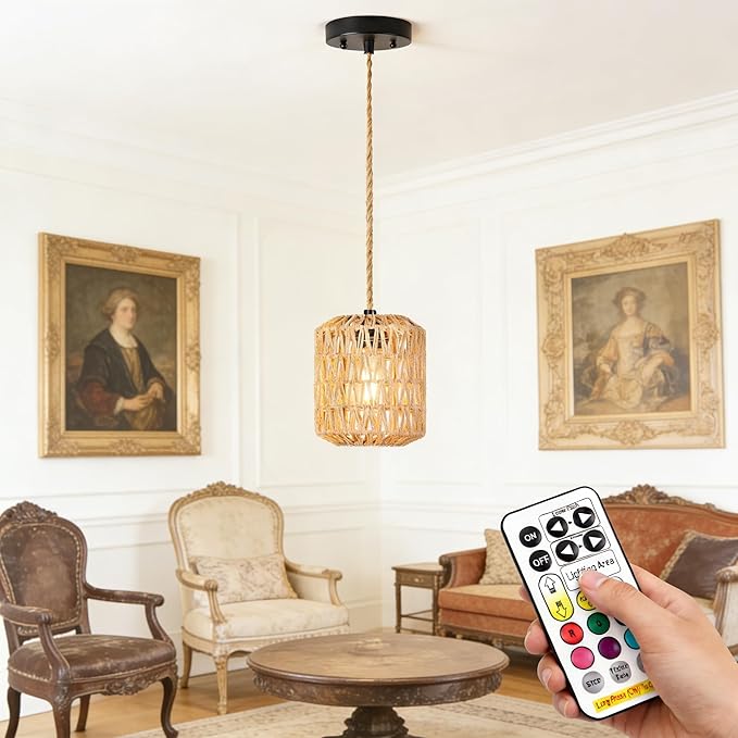 Battery Operated Pendant Light with Remote,Rechargeable Ceiling Light Fixture with 9 Colors Dimmable Bulb,Battery Powered Pendant Light for Home Decor Indoor Kitchen Island Bedroom