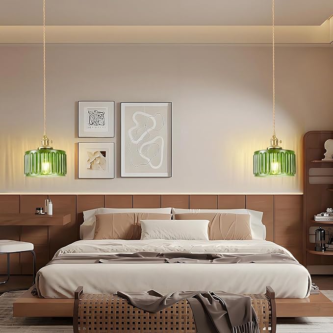 Plug in Pendant Light, Hanging Lights with Plug in Cord, Hanging Light Fixture with Clear Glass, E26 Pendant Lighting for Kitchen Island, Bedroom, Dining Room, Living Room-Green