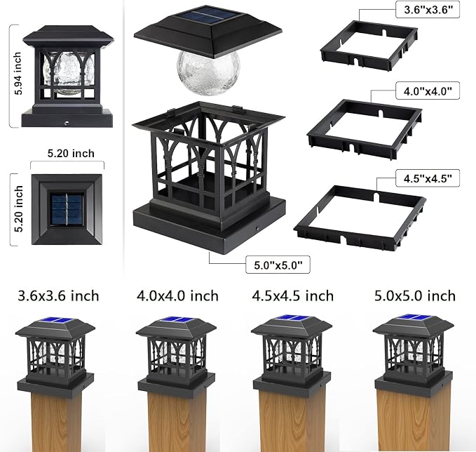 Solar Post Cap Lights, Warm White & RGB Automatic Cycling, Cracked Glass Bulb, 20 Lumens lP65 Waterproof Fit 3.6x3.6 4x4 4.5x4.5 5x5 Wood Fence Post Solar Powered Lights Black (2 Pack)
