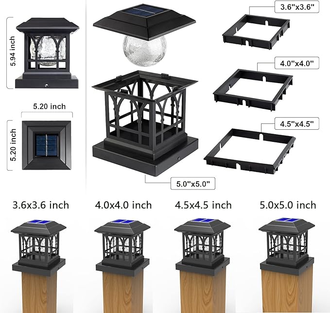 Solar Post Cap Lights, Warm White & RGB Automatic Cycling, Cracked Glass Bulb, 20 Lumens lP65 Waterproof Fit 3.6x3.6 4x4 4.5x4.5 5x5 Wood Fence Post Solar Powered Lights Black (12 Pack)