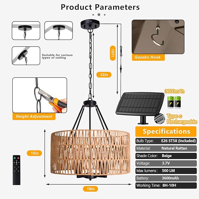 Solar Outdoor Chandelier, 4-Light 19" Rattan Outdoor Chandelier, Solar Hanging Pendant Waterproof Lights, for Gazebo, Pergola, Porch, Patio, Backyard
