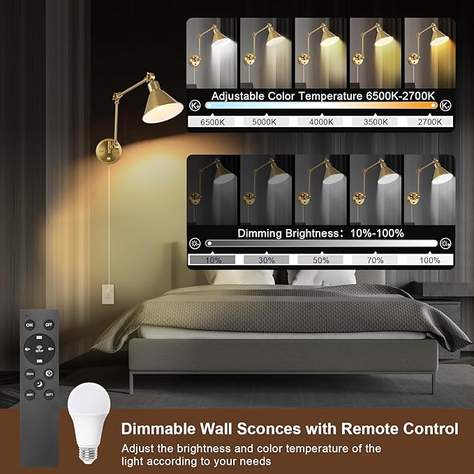 TRLIFE Wall Sconce with Remote Control, Brushed Brass Plug in Wall Sconces Dimmable and Adjustable Color Temperature 2700K-6000K, Swing Arm Wall Lights with Plug in Cord, UL Listed(2 Pack, 2 Bulbs)