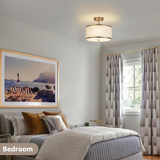 12.6 Inch Semi Flush Mount Ceiling Light, 3-Light Drum Lamp with Gold Brass Finish and Beige Shade, Ideal for Bedroom, Kitchen, Dining Room, Hallway, Entryway, and Foyer,