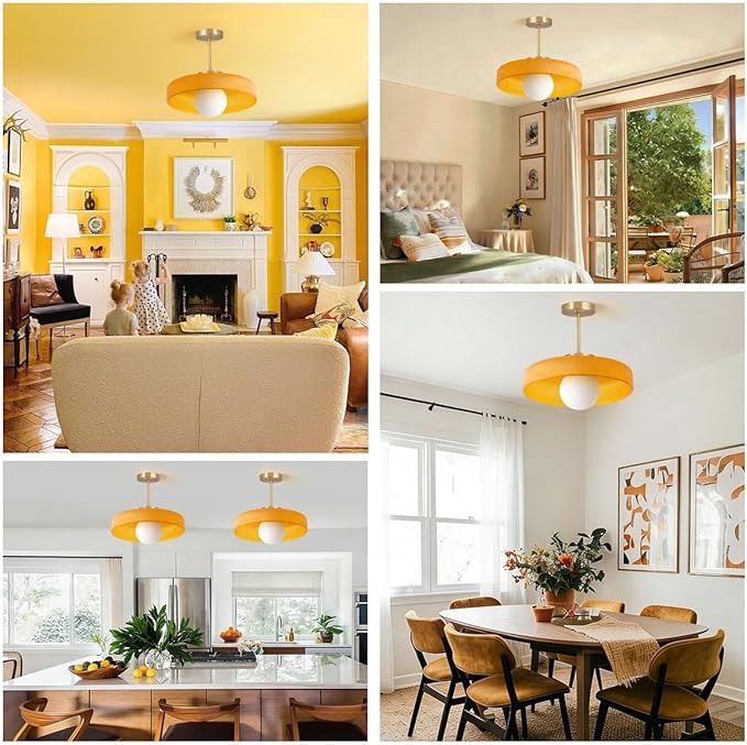 Large Semi Flush Mount Ceiling Light Fixture 13.8" Vintage Glass Ceiling Lights Orange Dome Shade Antique Gold Brass Finish Mid Century Close to Lights for Kitchen Island Hallway