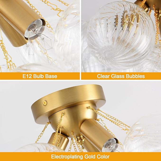 Bubble Chandelier Bubble Ceiling Light 17in Semi Flush Mount Chandelier Blown Glass Mid Century Close to Ceiling Light Fixture for Bedroom Hallway Entryway Kitchen Foryer Dining Room 1 Pack