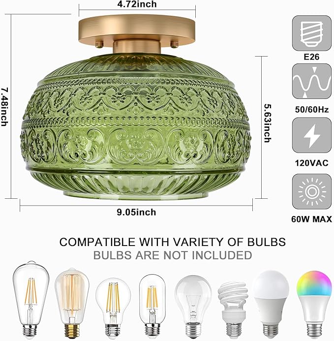 Semi Flush Mount Ceiling Light, 9" Green Glass Gold Fixture, Modern Close to Ceiling Light for Kitchen Hallway Bedroom, E26 Base,Bulb NOT Included