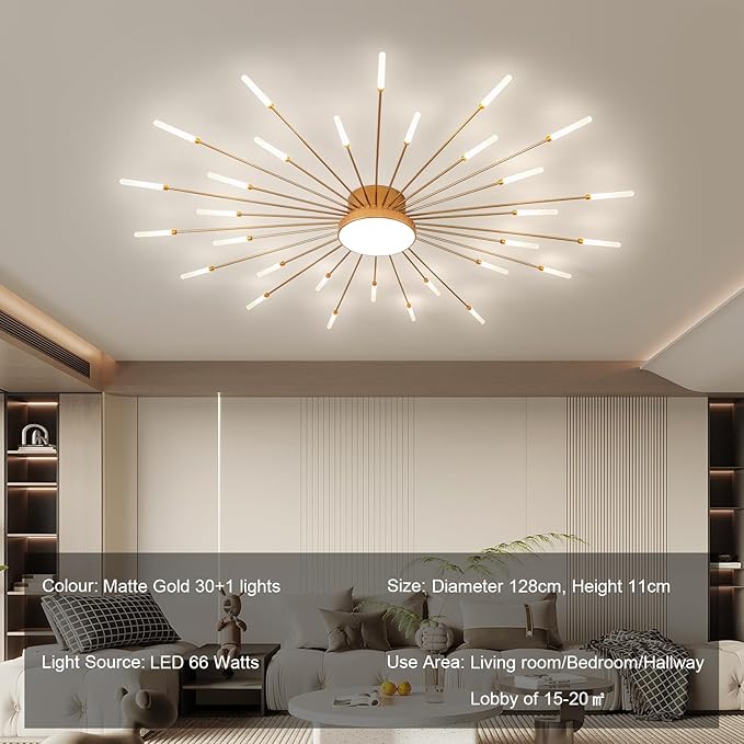 JAYMP 50.4" Ceiling Light Modern Flower Shape Ceiling Lamp for Living Room Dining Room Flush Mount Metal Acrylic Sputnik Firework Petal LED Lighting Fixture (Matte Gold, 30+1 Lights)