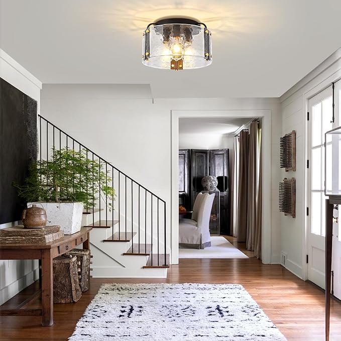 TOULMJ 15'' Black Semi Flush Mount Ceiling Light, 3-Light Modern Entryway Light Fixtures Hammered Glass Kitchen Lighting Fixtures Hallway Ceiling Lights for Bathroom Bedroom Foyer Laundry Dining Room