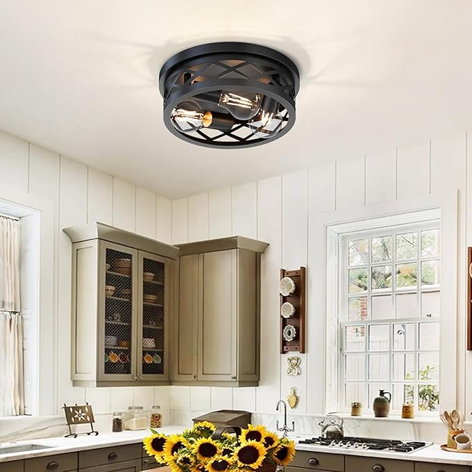 LVWIT 11.8 Inch Flush Mount Ceiling Light Fixtures, 3-Light Black Hallway Light, Round Light Fixtures Ceiling Mount for Kitchen Entryway Hall (E26 Base, Bulbs Not Included)