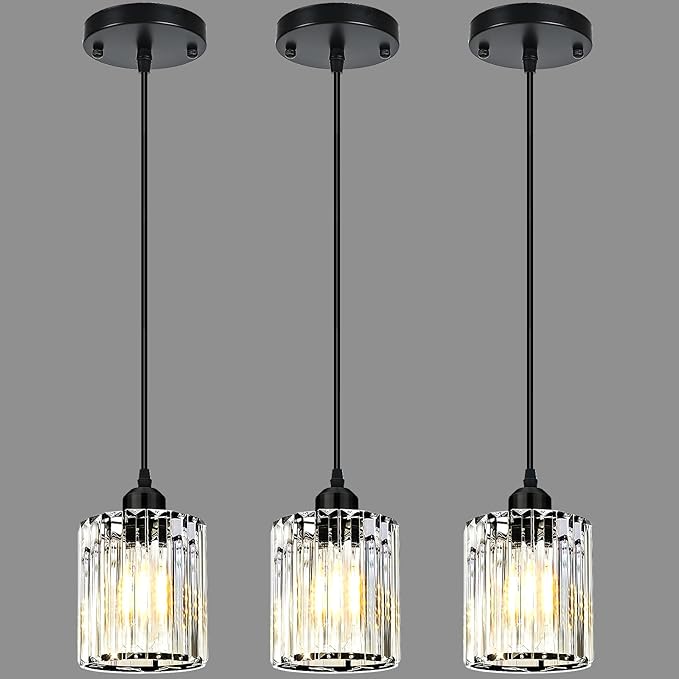 3 Pack Pendant Lights Kitchen Island, Elegant Modern Island Lights for Kitchen with Crystal Glass – Luxury Black Pendant Lights for Kitchen Island, Dining Table, Entryway, Restaurant
