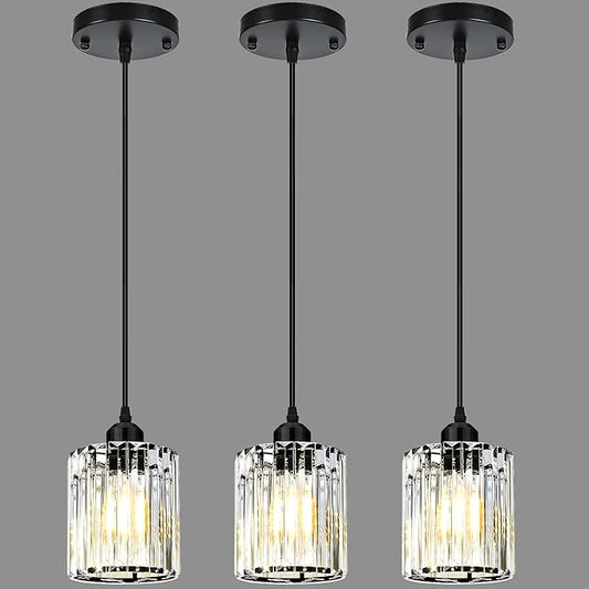 3 Pack Pendant Lights Kitchen Island, Elegant Modern Island Lights for Kitchen with Crystal Glass – Luxury Black Pendant Lights for Kitchen Island, Dining Table, Entryway, Restaurant