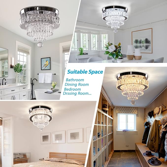 11.8" Dimmable Crystal Chandelier Crystal Ceiling Light Modern Chandeliers Flush Mount Ceiling Light Lamp Fixture for Dining Room Living Room Bedroom Hallway Remote Control
