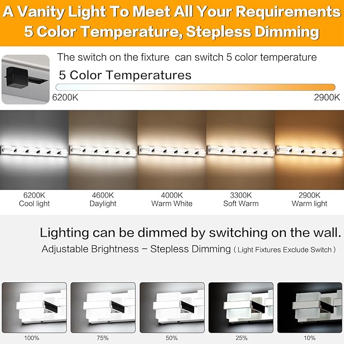 SOLFART Adjustable 6 Lights Black Bathroom Vanity Light Modern LED Vanity Light Fixtures Bathroom Lighting Fixtures for Mirror 41 inch 5 Color Dimmable 5CCT
