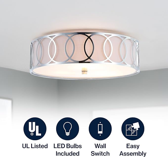 JONATHAN Y 13.25" Chrome Modern Metal LED Flush Mount Ceiling Light for Bedroom Hallway, White Linen Drum Shade with Geometric Fretwork, LED Bulbs Included (JYL3503B)
