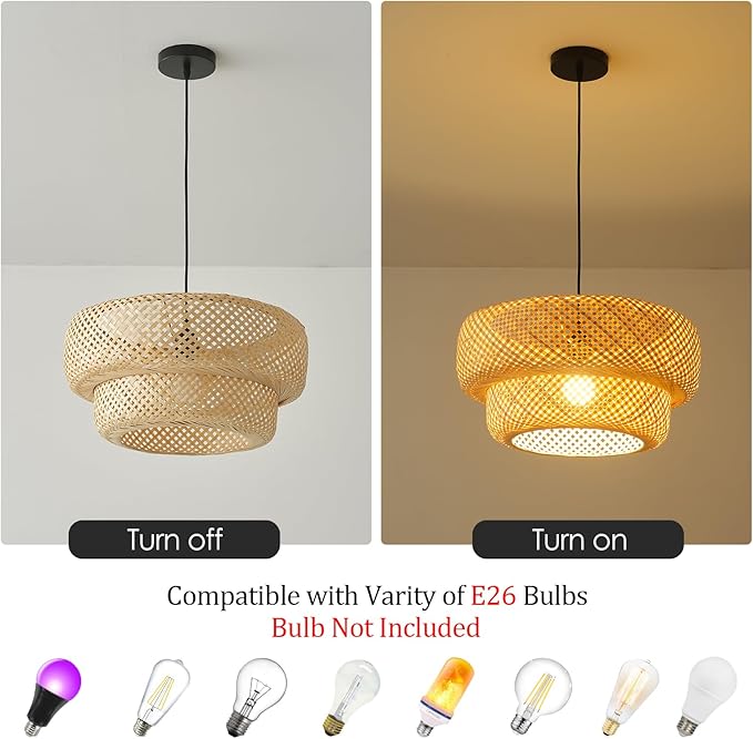 Bamboo Pendant Light Boho Rattan Hanging Light 17.7" Hand Woven Wicker Chandelier for Kitchen Island for Kitchen Island Dining Bedroom Living Room Restaurants
