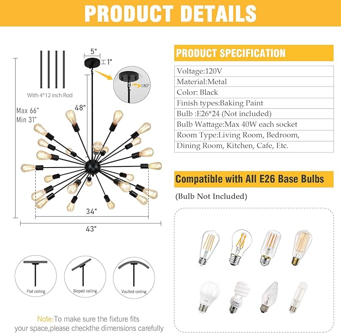 24 Light Black Sputnik Chandeliers, Modern Farmhouse Chandeliers for Dining Room Light Fixtures Over Table, Industrial Ceiling Hanging Lighting for Living Room, Bedroom, Kitchen, Foyer