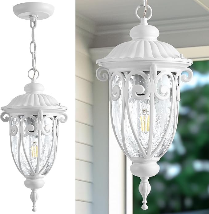 VIANIS Outdoor Pendant Light Lantern, White Modern Outdoor Chandelier, Handcrafted Hanging Outdoor Lights with Seed Glass, Outdoor Ceiling Lights for Porch, House, Doorway, Garden, Entryway