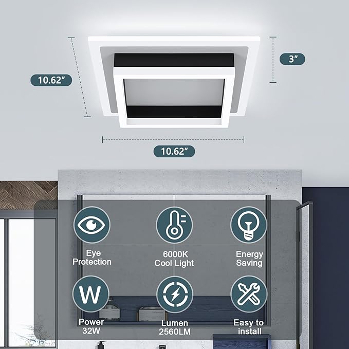 32W Modern LED Ceiling Light, Small Flush Mount Light Fixture, 6500K Cold White Ceiling Lamp, Square Hallway Lighting Fixtures for Living Room Bedroom Bathroom Kitchen (White, Cold White)