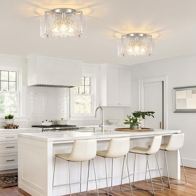 4-Light Modern Semi Flush Mount Ceiling Light Silver, 16'' Entryway Light Fixture, Glass Ceiling Mount with Hammer Glass for Passage Aisle Kitchen Island Dining Room Living Room Lighting Fixtures