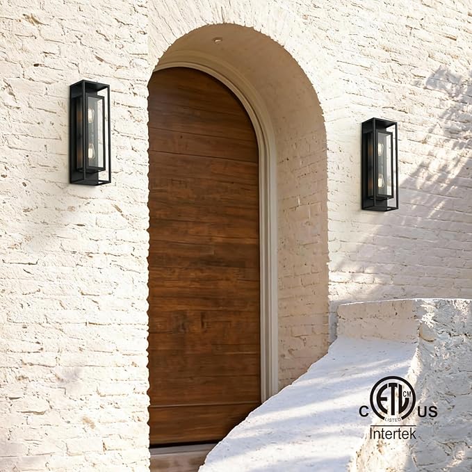 mirrea 24" Classic Outdoor Wall Sconce 2 Lights in Matte Black Rectangular Metal Frame and Clear Glass Shade Waterproof Porch Light Patio Light Pack of 2