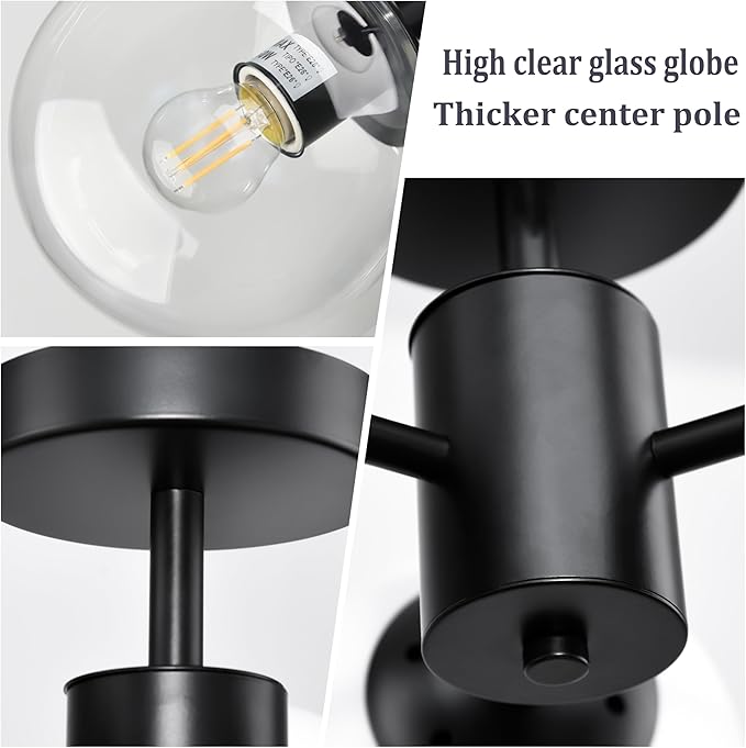 Mid Century 3-Light Clear Globe Glass Black Chandelier 19 Inch Modern Black Semi Flush Mount Ceiling Lights Modern Light Fixtures Ceiling Lights Fixture for Bedroom Hallway Entryway