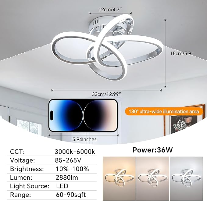 Modern LED Ceiling Light with Remote Control, Stepless Dimming, 3000-6000K Selectable, 36W, Dimmable LED Chandelier for Bedroom, Bathroom, Entryway, Hallway, Chrome Finish
