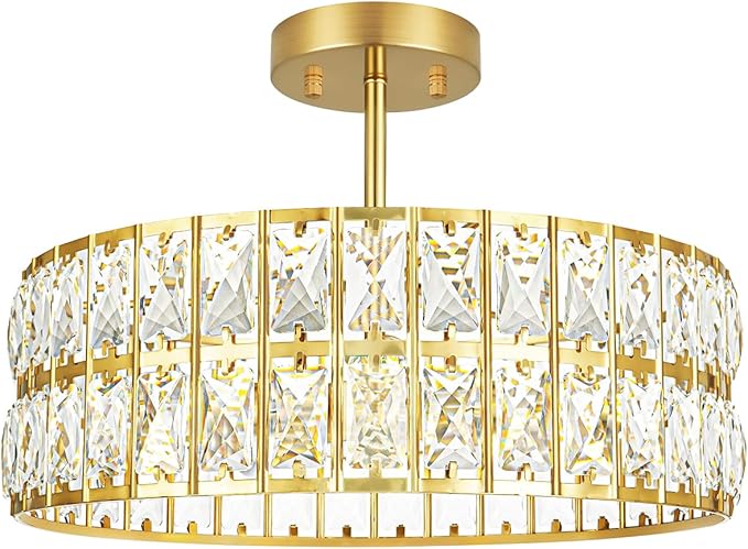 Crystal Ceiling Light Fixture, Modern Brushed Gold Ceiling Light Chandelier, Semi Flush Mount Chandelier Lighting Fixture for Kitchen Entryway Living Room Dining Room, 5-Light, 16 Inch