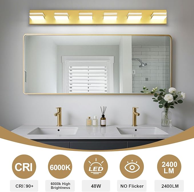 Modern LED Bathroom Lights Fixtures 6-Light,Metal Gold Acrylic Wall Lighting,Vanity Lights for Bathroom Over Mirror 6000k 41in