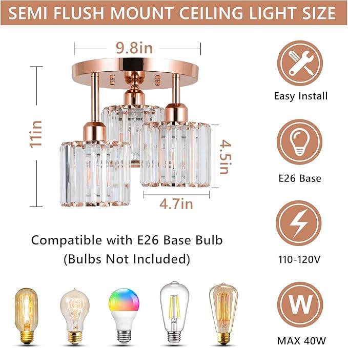 Crystal Semi Flush Mount Ceiling Light,3-Light Modern Kitchen Lighting Fixtures,Rose Gold Dining Room Light Fixture with Clear Crystal Shade，Ceiling Light Fixture for Bedroom Bathroom