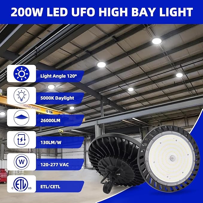 hykolity 2 Pack LED High Bay Light 200W, 5000K UFO LED High Bay Light Fixture with US Plug [600W MH/HPS Equiv.] 100-277V, 26,000lm, IP65 Commercial Warehouse Area Light for Wet Location
