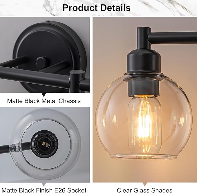 Bathroom Light Fixtures,4-Light Modern Bathroom Vanity Light,Black Wall Sconce with Clear Glass Globe Shades,Adjustable Brightness Wall Lights for Kitchen,Bedroom,Hallway,Living Room