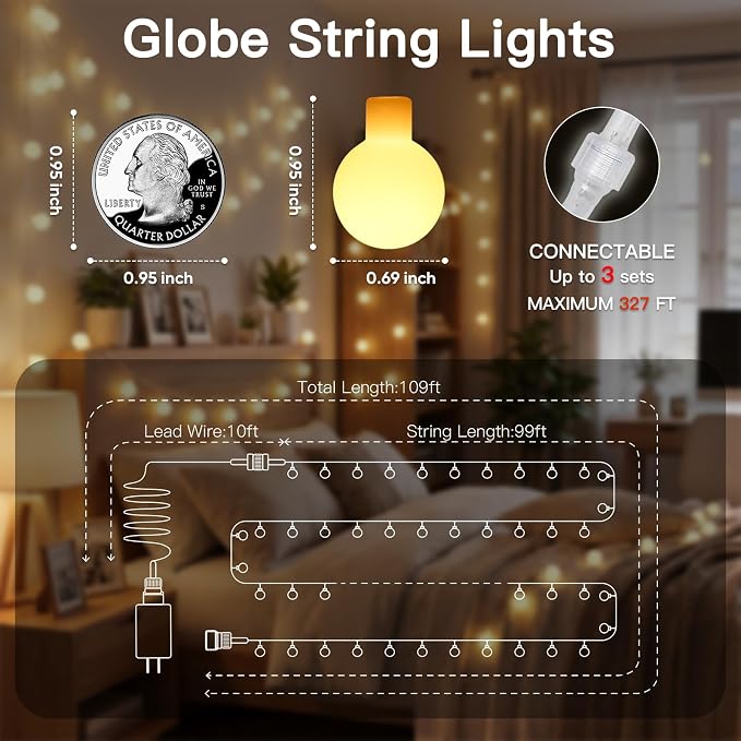 suddus String Lights for Bedroom, 99ft 300 Led Connectable Globe String Lights Indoor, Hanging Fairy Lights Plug in with Remote for Kids Room Dorm Classroom Outdoor Christmas Tree Decor, Warm White