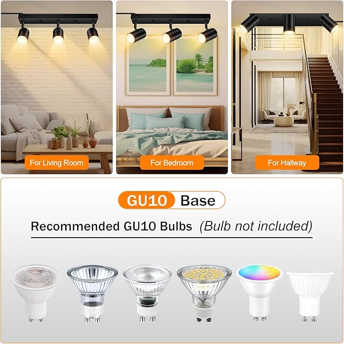 AUQUEE 3 Light Track Lighting Kit,Black 3 Way Modern Plug in Ceiling Spotlight,Industrial LED Wall Light for Kitchen Cabinet Gallery Bar Hallway Living Room,Rocker Switch,15 Foot Cord(No Bulb)